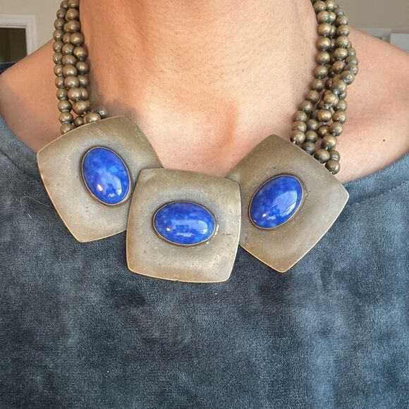 Modern Brass and Lapis Stone Necklace - Picture 3 of 4